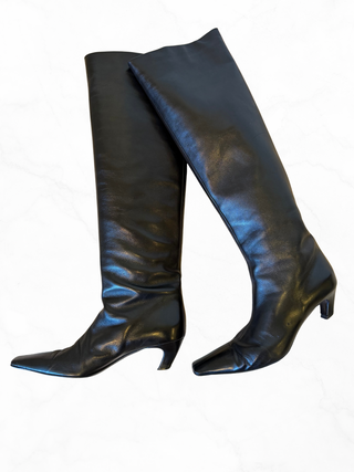 Khaite 2020's "Davis" Black Leather Knee High Square Toe Kitten Heel Boots - Size EU 39.5 / US 9.5