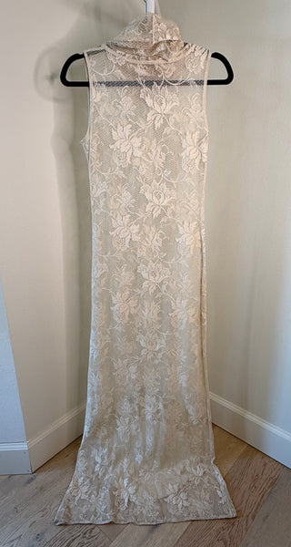 1960-1970s Vintage Handmade Ivory Cotton Floral Lace Long Dress - Fits US 4/6