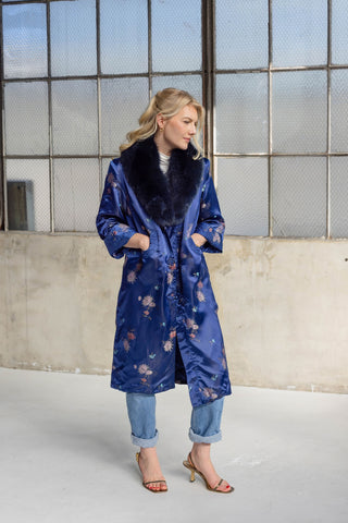 1960s Royal Blue Floral Jacquard Coat with Detachable Navy Fox Fur Collar - Fits US S/M