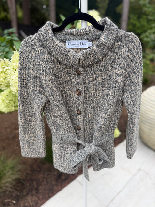 Christian Dior F/W2011 Galliano Era Grey & Beige Wool Blend Belted Knit Sweater Jacket - Size FR 38
