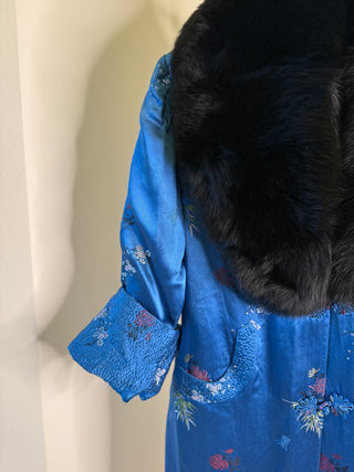 1960s Royal Blue Floral Jacquard Coat with Detachable Black Fox Fur Collar - Fits US S/M