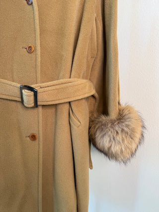 Marella 1980-1990s Vintage Brown Cashmere Wool Belted Coat with Fur Sleeves - Size FR 38