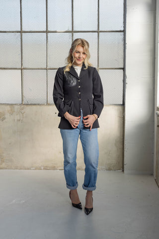 Hermes 1980s Black Wool Riding Jacket with Quilted Leather Panels, Velvet Collar & Silver "Hermes Paris" Buttons - Size FR 38