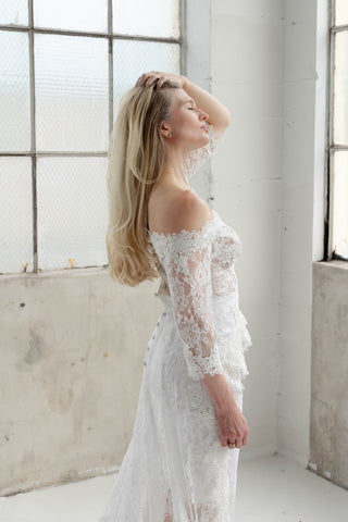1990s Handmade Vintage White Sheer Lace High-Low Bridal Top with Train - Fits XS/S
