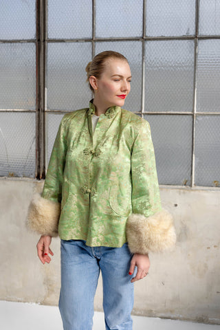 1940s Mint Green Floral Brocade Jacket with Ivory Fox Fur Cuffs - Fits US S/M