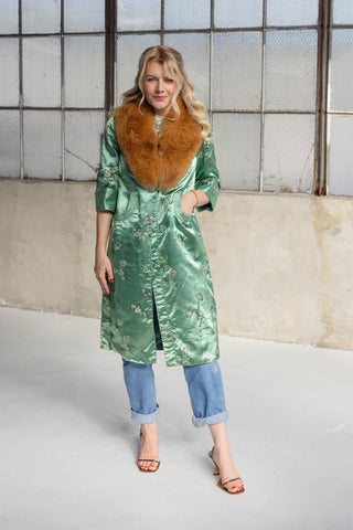1960s Jade Green Floral Jacquard Coat with Detachable Brown Fox Fur Collar - Fits US XS/S