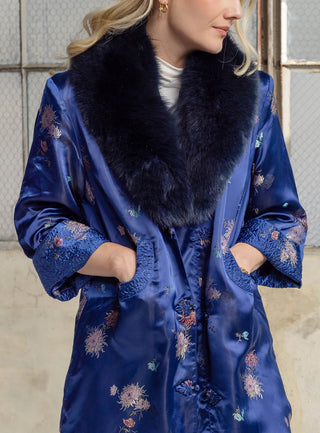 1960s Royal Blue Floral Jacquard Coat with Detachable Navy Fox Fur Collar - Fits US S/M