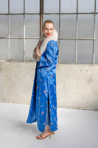 1960s Long Royal Blue Embroidered Floral Coat with Detachable White Fox Fur Collar - Fits US S/M