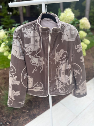 Hermes 1990's Vintage Grey Silk "Ex-Libris" Print Reversible Jacket - Size L