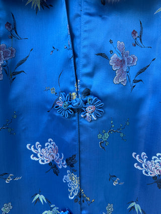 1960s Long Royal Blue Embroidered Floral Coat with Detachable White Fox Fur Collar - Fits US S/M
