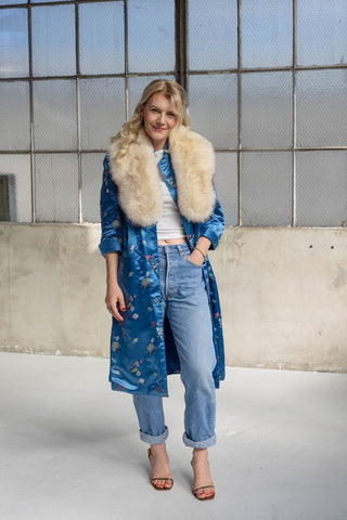 1960s Royal Blue Floral Jacquard Coat with Detachable Ivory-Brown Fox Fur Collar - Fits US S/M