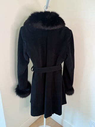 1997-2000s Black Belted A-Line Fox Fur Angora Wool Coat - Size M