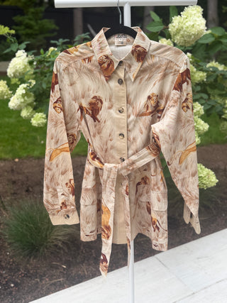 Hermes 1993-96 Vintage Cotton "Lions Dans La Savane" Print Belted Shirt - Size FR40