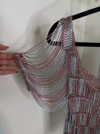 Loris Azzaro 1971-1973 Crochet Pink & Silver Metal Chain Top - Fits US S-L