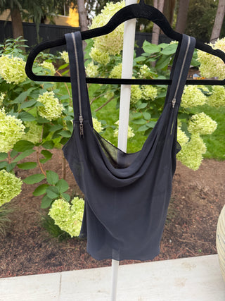 Christian Dior S/S2004 Galliano Era Vintage Black Silk Tank with Silver Dior Zippers - Size FR 40