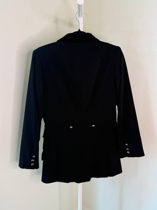 Hermes 1980s Black Wool Riding Jacket with Quilted Leather Panels, Velvet Collar & Silver "Hermes Paris" Buttons - Size FR 38
