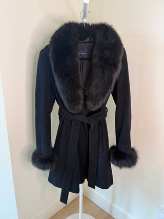 1997-2000s Black Belted A-Line Fox Fur Angora Wool Coat - Size M