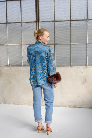 1970s Blue & Gold Floral Silk Brocade Jacket with Brown Fox Fur Cuffs - Fits US S/M