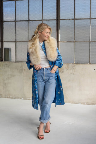 1960s Royal Blue Floral Jacquard Coat with Detachable Ivory-Brown Fox Fur Collar - Fits US S/M