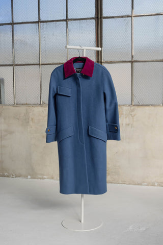 Chanel A/W 1991 Vintage "Material Girls" Runway Blue Wool Coat with Magenta Velvet Collar and Gold CC Buttons - Fits S