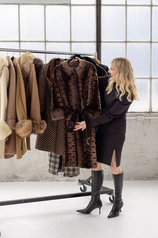 Christian Dior Boutique Fourrure 1970s Brown Checkered Fur Long Belted Coat - Fits S/M