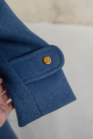 Chanel A/W 1991 Vintage "Material Girls" Runway Blue Wool Coat with Magenta Velvet Collar and Gold CC Buttons - Fits S