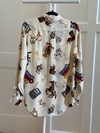 Lauren Ralph Lauren 1990's Beige Silk Equestrian Racing Print Button-Up Shirt - Size US 6