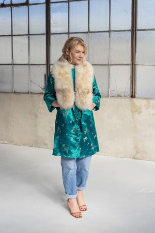 1960s Teal Green Floral Jacquard Coat with Detachable Ivory Fox Fur Collar - Fits US S/M