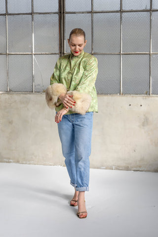 1940s Mint Green Floral Brocade Jacket with Ivory Fox Fur Cuffs - Fits US S/M