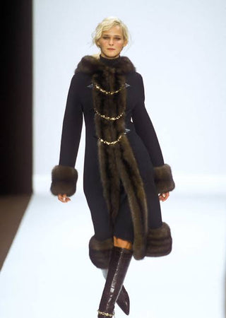 Celine F/W 2000 Michael Kors Era Runway Dark Grey Hooded Brown Fox Fur Coat with Gold Triomphe Chain - Fits S/M