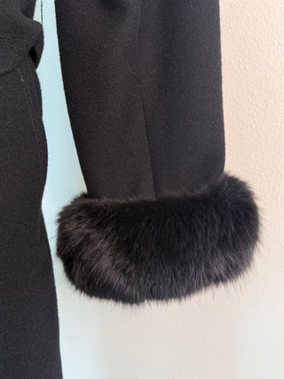 1980s Italian Black Fox Fur Trim Wool Coat - Size M