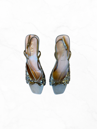 Prada 2000s Champagne Beaded Sequin Detail Silk  Open-Toe Slingback Heels with Gold Leather Bow & Trim- Size EU 40 / US 10
