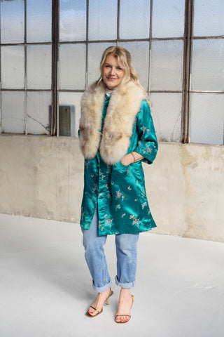 1960s Teal Green Floral Jacquard Coat with Detachable Ivory Fox Fur Collar - Fits US S/M