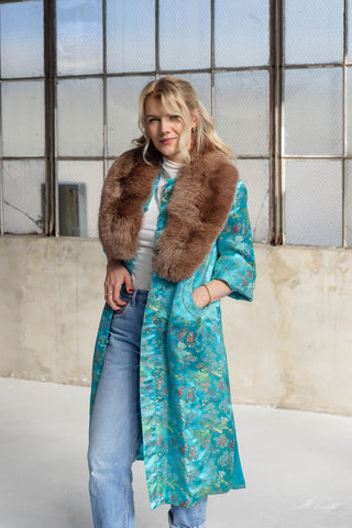 1960s Teal Green Floral Jacquard Coat with Detachable Brown Fox Fur Collar - Fits US S/M