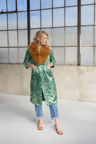 1960s Jade Green Floral Jacquard Coat with Detachable Brown Fox Fur Collar - Fits US XS/S