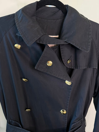 Celine Sport 1970s Vintage Black Belted Trench with Gold Sulky Logo Carriage Buttons - Fits US8/10
