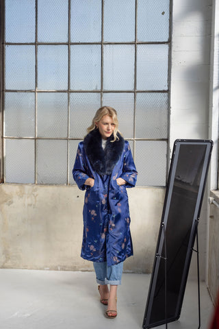 1960s Royal Blue Floral Jacquard Coat with Detachable Navy Fox Fur Collar - Fits US S/M