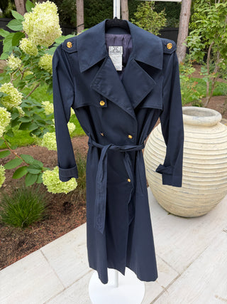 Celine 1970s Vintage Navy Cotton Trench Coat with Gold Carriage Buttons - Size FR 36
