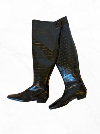 Toteme 2020's Black Croc Embossed Leather Knee High Square Toe Boots - Size EU 40 / US 10