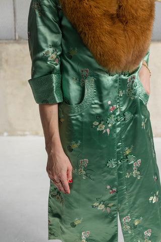 1960s Jade Green Floral Jacquard Coat with Detachable Brown Fox Fur Collar - Fits US XS/S