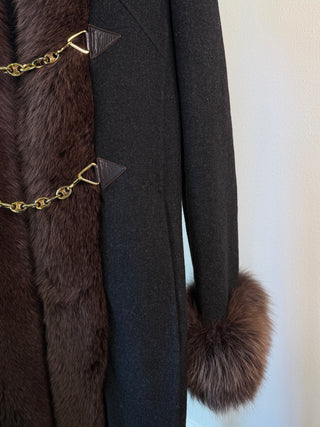 Celine F/W 2000 Michael Kors Era Runway Dark Grey Hooded Brown Fox Fur Coat with Gold Triomphe Chain - Fits S/M