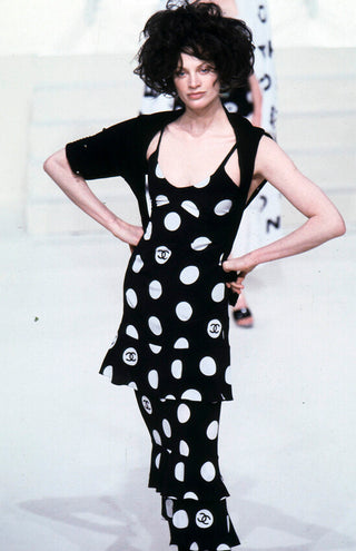 Chanel S/S 1997 Vintage Runway Black & White Silk CC Polka Dot Mini Dress - Size FR38