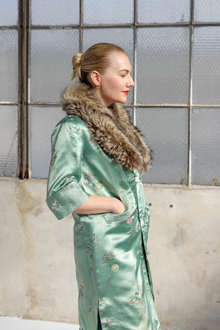 1960s Pale Jade Floral Jacquard Coat with Detachable Multi-Brown Fur Collar - Fits US XS/S