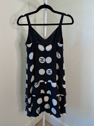 Chanel S/S 1997 Vintage Runway Black & White Silk CC Polka Dot Mini Dress - Size FR38