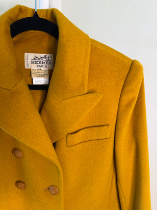 Hermes 1980's Vintage Golden Cashmere Double Breasted Coat with Sulky Logo Carriage Buttons - Size FR38