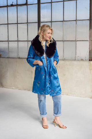 1960s Royal Blue Floral Jacquard Coat with Detachable Black Fox Fur Collar - Fits US S/M