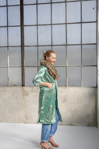 1960s Pale Jade Floral Jacquard Coat with Detachable Multi-Brown Fur Collar - Fits US XS/S