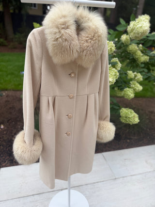 Harrods 1990's Vintage Beige Angora Wool Coat with Fox Fur - Size 2