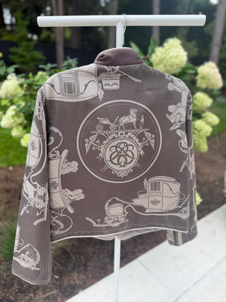 Hermes 1990's Vintage Grey Silk "Ex-Libris" Print Reversible Jacket - Size L