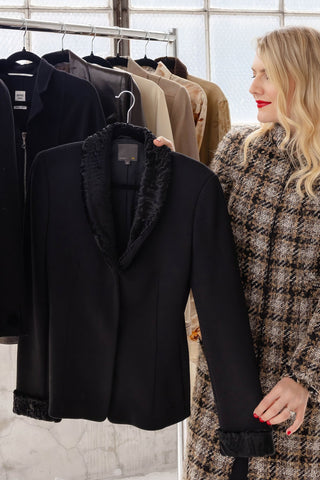 Fendi 1990-2000s Black Wool Blazer-Silhouette Coat with Persian Lamb Fur Trim - Size 44